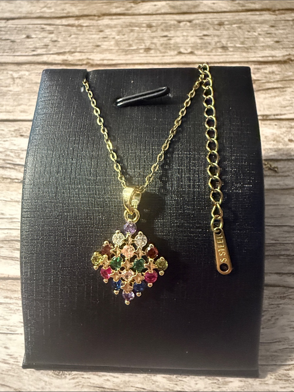 Gold plated On S-Steel Diamond Shape Multi Color Gemstone Pendant Necklace